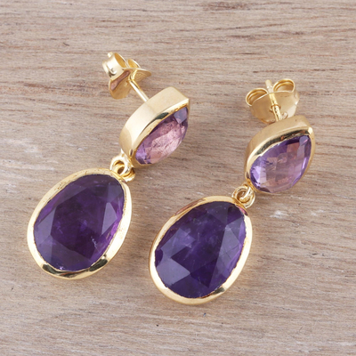 Gold plated amethyst dangle earrings, 'Dip Into Lavender' - Gold Plated Amethyst Dangle Earrings from India