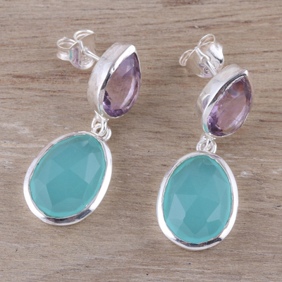 Amethyst and chalcedony dangle earrings, 'Dip Into Water' - Amethyst and Chalcedony Dangle Earrings from India