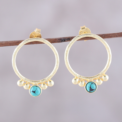 Gold plated sterling silver drop earrings, 'Golden Hoops' - Gold Plated Sterling Silver and Calcite Drop Earrings