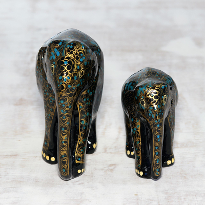 Papier mache and wood sculptures, 'Maternal Glow in Black' (pair) - Gold-Tone Floral Papier Mache Elephant Sculptures (Pair)