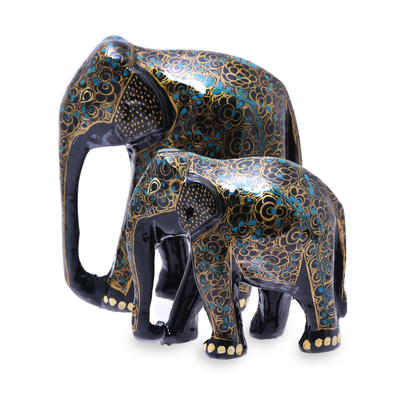 Figuren aus Pappmaché, (Paar) - Goldfarbene, florale Elefantenskulpturen aus Pappmaché (Paar)