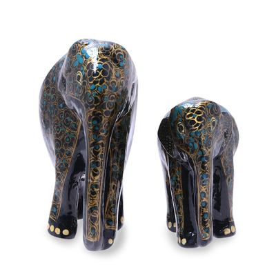 Papier mache figurines, 'Maternal Glow in Black' (pair) - Gold-Tone Floral Papier Mache Elephant Sculptures (Pair)