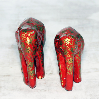 Papier mache sculptures, 'Chinar Bond' (pair) - Leaf Motif Papier Mache Elephant Sculptures (Pair)