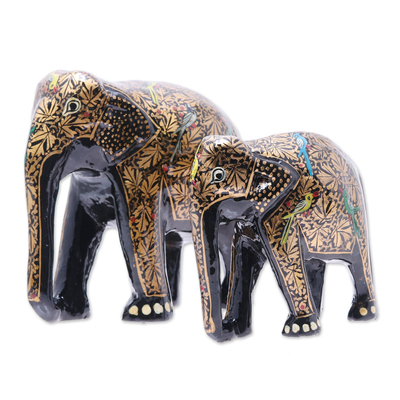 Painted Leaf Motif Papier Mache Elephant Sculptures (Pair)