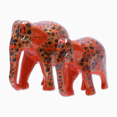 Floral Papier Mache Elephant Sculptures in Red (Pair)