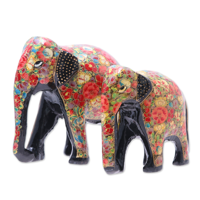 Hand-Painted Floral Papier Mache Elephant Sculptures (Pair)