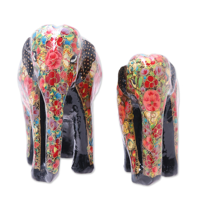 Papier mache and wood sculptures, 'Floral Bond' (pair) - Hand-Painted Floral Papier Mache Elephant Sculptures (Pair)