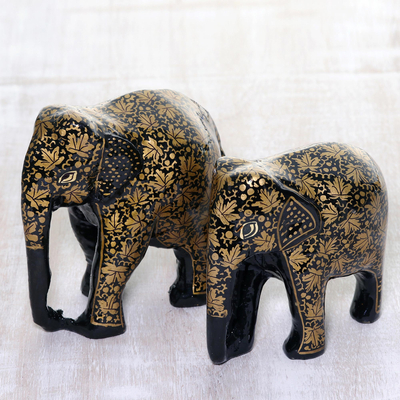 Skulpturen aus Pappmaché und Holz, (Paar) - Elefantenskulpturen aus Pappmaché und Holz mit Blattmotiv (Paar)