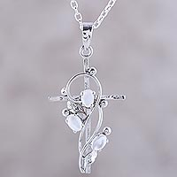 Rhodium plated moonstone pendant necklace, 'Sacred Trinity'