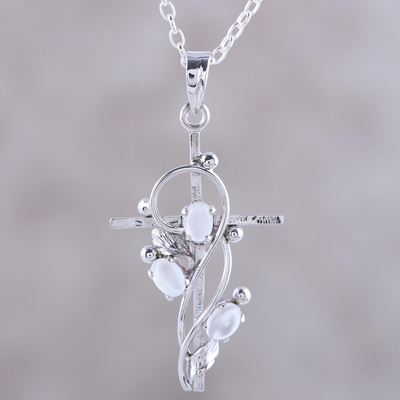 Collar colgante de piedra lunar rodiada, 'Sagrada Trinidad' - Collar colgante de cruz de plata de ley y piedra lunar