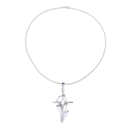 Rhodium plated moonstone pendant necklace, 'Sacred Trinity' - Sterling Silver and Moonstone Cross Pendant Necklace