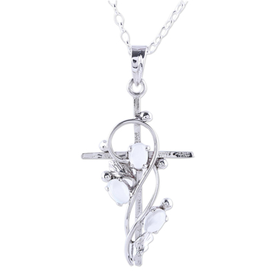Rhodium plated moonstone pendant necklace, 'Sacred Trinity' - Sterling Silver and Moonstone Cross Pendant Necklace