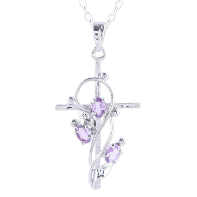 Rhodium plated amethyst pendant necklace, 'Sacred Trinity' - Rhodium Plated Amethyst Cross Pendant Necklace