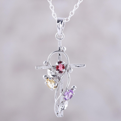 Rhodium plated multi-gemstone pendant necklace, 'Sacred Trinity' - Rhodium Plated Garnet Amethyst and Citrine Cross Necklace