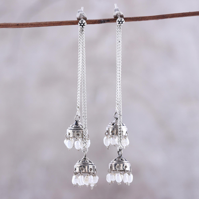 Aretes candelabro de perlas cultivadas - Pendientes Jhumki de Plata de Ley y Perlas Cultivadas