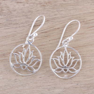 Sterling silver dangle earrings, 'Delightful Lotus' - Sterling Silver Lotus Dangle Earrings from India