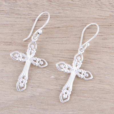 Sterling silver dangle earrings, 'Delightful Crosses' - Sterling Silver Cross Dangle Earrings from India