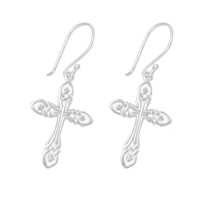 Sterling silver dangle earrings, 'Delightful Crosses' - Sterling Silver Cross Dangle Earrings from India