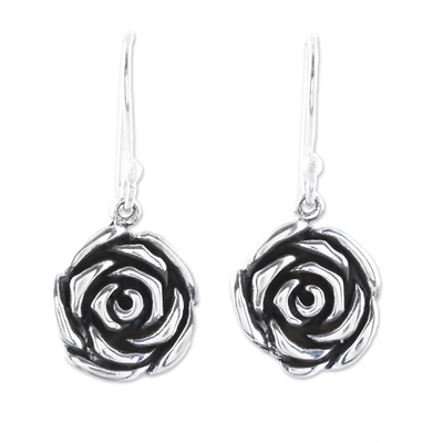 Sterling silver dangle earrings, 'Adorable Roses' - Sterling Silver Rose Dangle Earrings from India