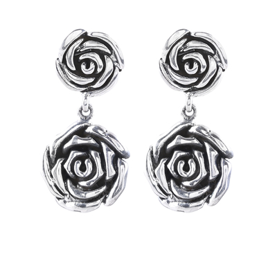 Sterling silver dangle earrings, 'Adorable Beauty' - Rose-Shaped Sterling Silver Dangle Earrings from India