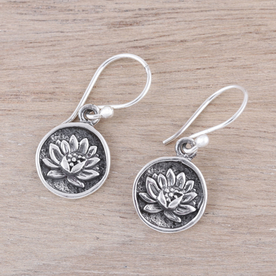Sterling silver dangle earrings, 'Lotus Bliss' - Lotus Motif Sterling Silver Dangle Earrings from India