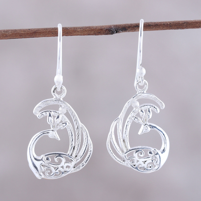 Sterling silver dangle earrings, 'Peacock Delight' - Sterling Silver Peacock Dangle Earrings from India