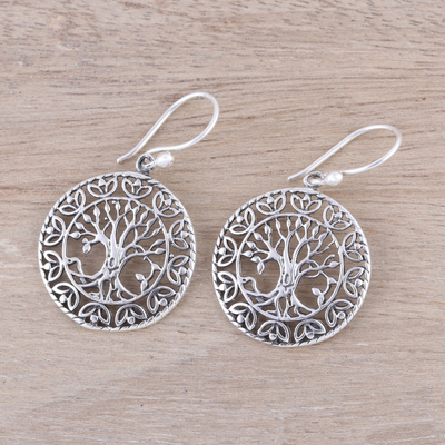 Sterling silver dangle earrings, 'Arbor Majesty' - Tree Motif Sterling Silver Dangle Earrings from India