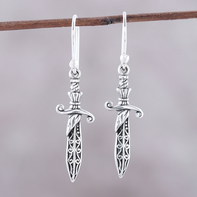 Sterling silver dangle earrings, 'Protective Swords' - Sterling Silver Sword Dangle Earrings from India