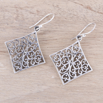 Sterling silver dangle earrings, 'Elegant Kites' - Openwork Square Sterling Silver Dangle Earrings from India