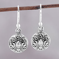 Sterling silver dangle earrings, 'Divine Lotus' - Sterling Silver Lotus Dangle Earrings from India