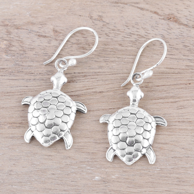 Sterling silver dangle earrings, 'Turtle Joy' - Sterling Silver Turtle Dangle Earrings from India