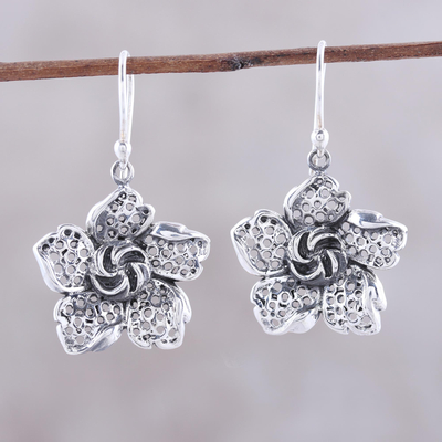 Sterling silver dangle earrings, 'Floral Twist' - Sterling Silver Flower Dangle Earrings from India