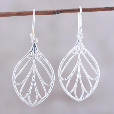 Sterling silver dangle earrings, 'Leafy Spark' - Leaf-Shaped Sterling Silver Dangle Earrings from India