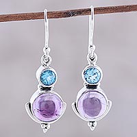 Amethyst and blue topaz dangle earrings, 'Lively Harmony' - Amethyst and Blue Topaz Dangle Earrings from India