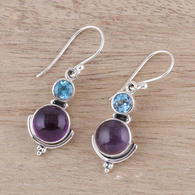 Amethyst and blue topaz dangle earrings, 'Lively Harmony' - Amethyst and Blue Topaz Dangle Earrings from India