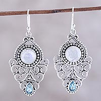 Rainbow moonstone and blue topaz dangle earrings, 'Rainbow Ecstasy' - Rainbow Moonstone and Blue Topaz Dangle Earrings from India