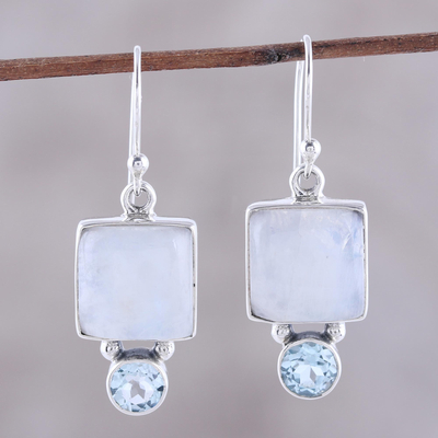 Rainbow moonstone and blue topaz dangle earrings, 'Creative Beauty' - Square Rainbow Moonstone and Blue Topaz Earrings from India