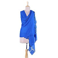 Wool and Silk Blend Shawl in Royal Blue from India,'Chasme Charm in Royal Blue'