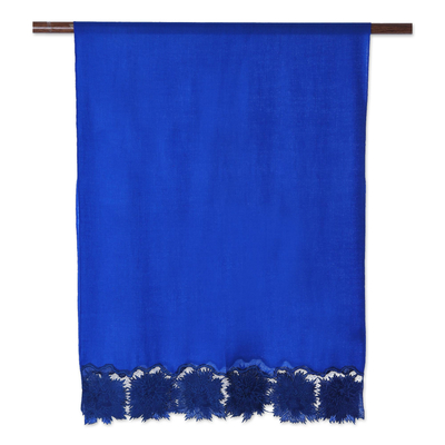 Wool and silk blend shawl, 'Chasme Charm in Royal Blue' - Wool and Silk Blend Shawl in Royal Blue from India