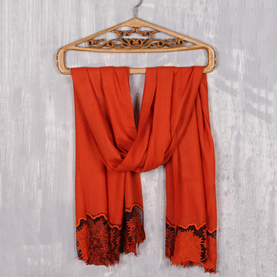 Wool and silk blend shawl, 'Floral Charisma in Tangerine' - Wool and Silk Blend Shawl in Tangerine from India