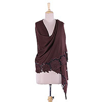 Wool and silk blend shawl, 'Floral Charisma in Mahogany' - Wool and Silk Blend Shawl in Mahogany from India
