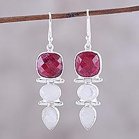 Ruby and rainbow moonstone dangle earrings, 'Glittering Muse' - Ruby and Rainbow Moonstone Dangle Earrings from India