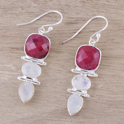 Ruby and rainbow moonstone dangle earrings, 'Glittering Muse' - Ruby and Rainbow Moonstone Dangle Earrings from India