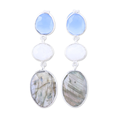 Multi-gemstone dangle earrings, 'Shimmering Trio' - Multi-Gemstone Dangle Earrings from India