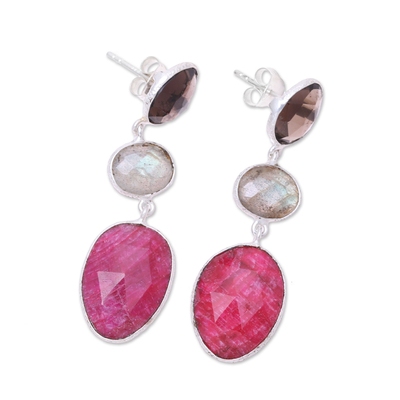 Multi-gemstone dangle earrings, 'Fascinating Trio' - Multi-Gemstone Dangle Earrings Crafted in India