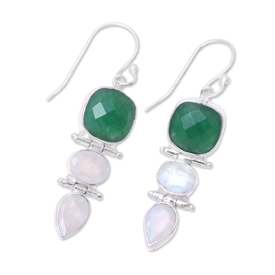 Onyx and rainbow moonstone dangle earrings, 'Glittering Muse' - Green Onyx and Rainbow Moonstone Dangle Earrings from India