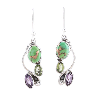 Amethyst and peridot dangle earrings, 'Classic Glamour' - Multi-Gemstone Dangle Earrings Crafted in India