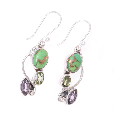 Amethyst and peridot dangle earrings, 'Classic Glamour' - Multi-Gemstone Dangle Earrings Crafted in India