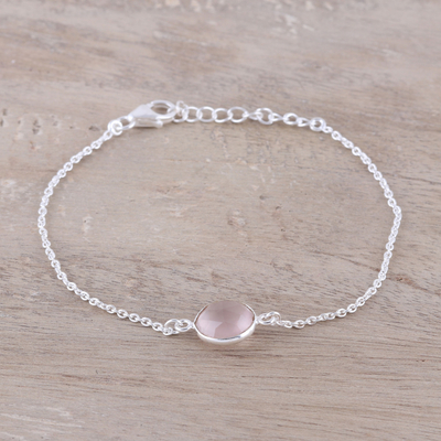 Rose quartz pendant bracelet, 'Pink Night' - Adjustable Rose Quartz Pendant Bracelet from India