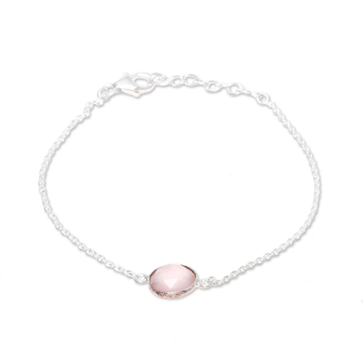 Rose quartz pendant bracelet, 'Pink Night' - Adjustable Rose Quartz Pendant Bracelet from India